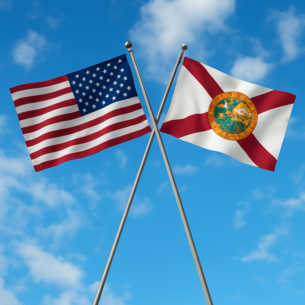 Crossed United States and Florida flags against blue sky