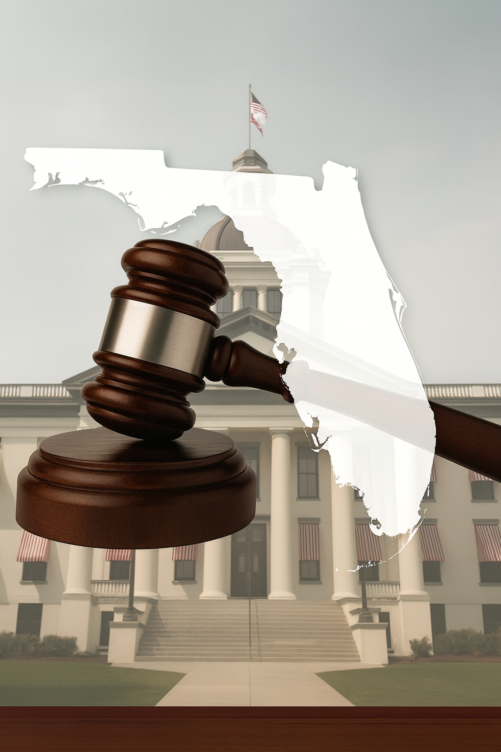 Gavel overlaid on the outline of Florida, in front of the state capitol