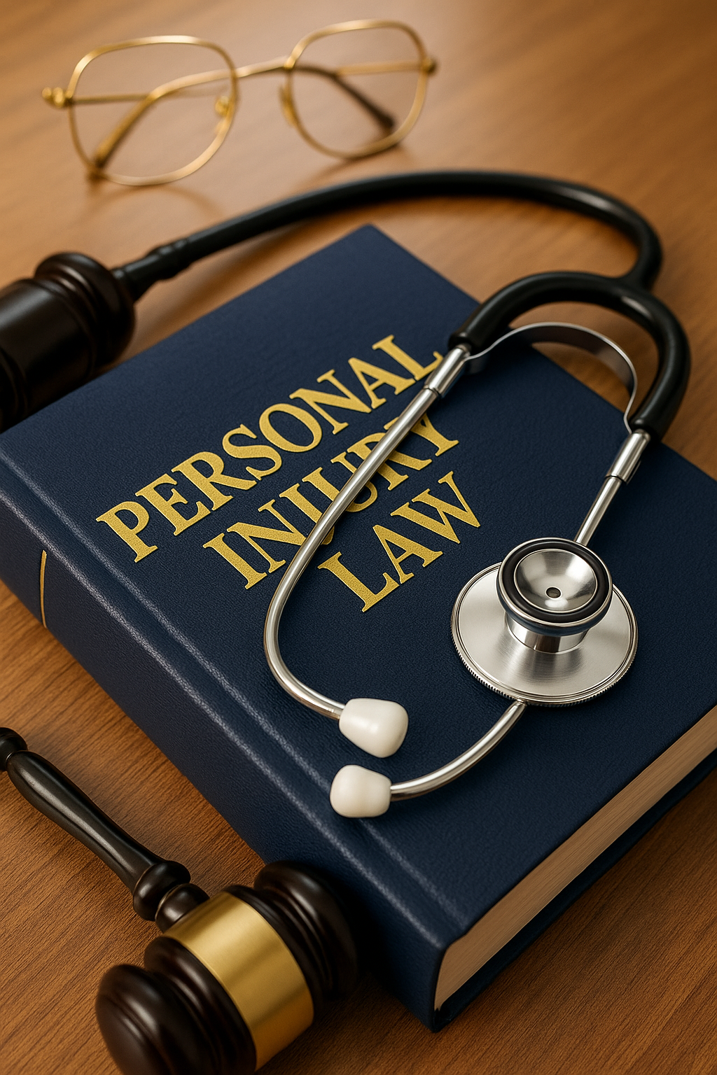 Gavel and stethoscope resting on a book titled Personal Injury Law